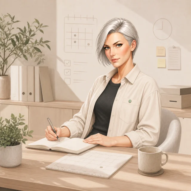 Sophia working in a warm, calm office